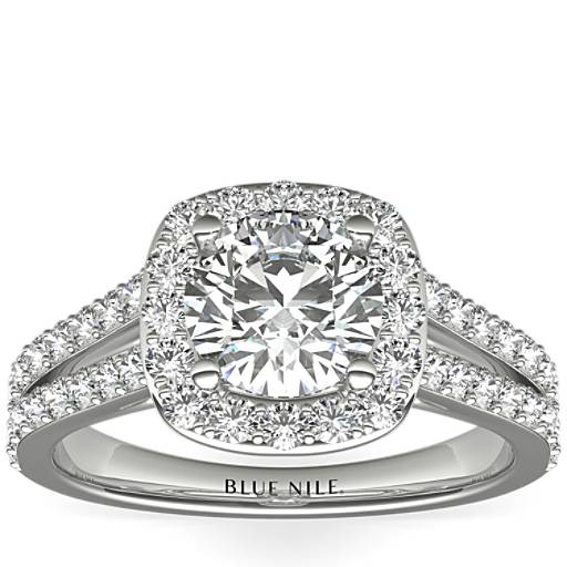 Round Cut Diamond Ring  Solitaire Accent Diamond Ring  Double Halo Set Ring  Party Wear Diamond Ring  Spli Shank Diamond Ring